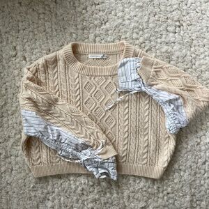 Altar'd State Cream Oversized Cropped Cable Knit Sweater with Layered Contrast